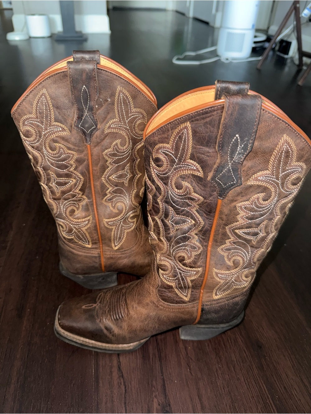 Shyanne Brown Leather Western Cowboy Boots with Orange Trim